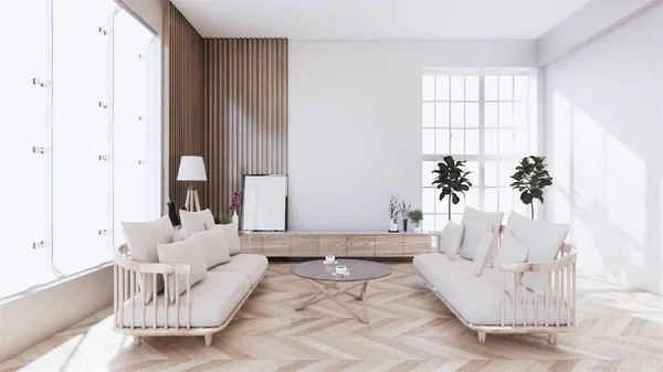 Sala Estar Con Sofá Blanco Diseño Interior Zen Renderizado —  Fotos de Stock