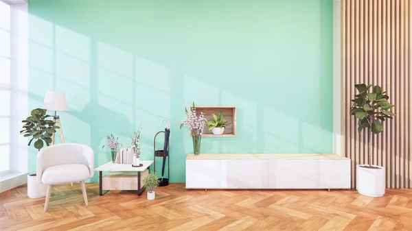 Kast Houten Gele Fauteuil Living Groene Lichtmuur Interieur Japanse Stijl — Stockfoto