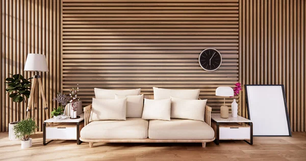 living room with white sofa on zen interior design wooden wall design. 3D rendering