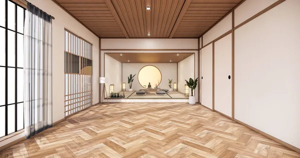 the interior with circle window wooden design idea of room japan and tatami mat. 3D rendering