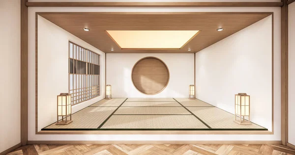 Cirkel Hylla Vägg Design Tom Vardagsrum Japansk Deisgn Med Tatami — Stockfoto