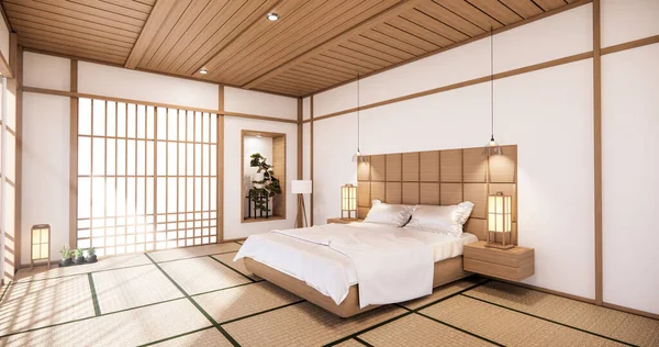 White bed room japanese design on tropical room interior and tatami mat floor. 3D rendering