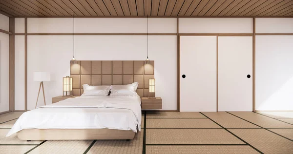 熱帯の部屋のインテリアと畳の床に白いベッドルーム日本のデザイン 3Dレンダリング — ストック写真