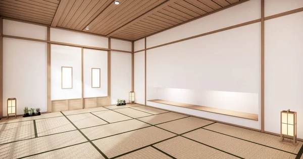 日本风格的尼宏室内设计 内饰有门纸和橱柜书架墙 铺在塔瓦垫子地板上 3D渲染 — 图库照片