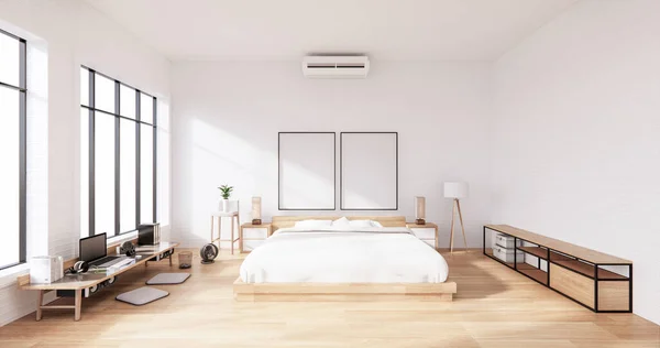 Bedroom interior loft style with Computer and office tool on desk. 3D rendering