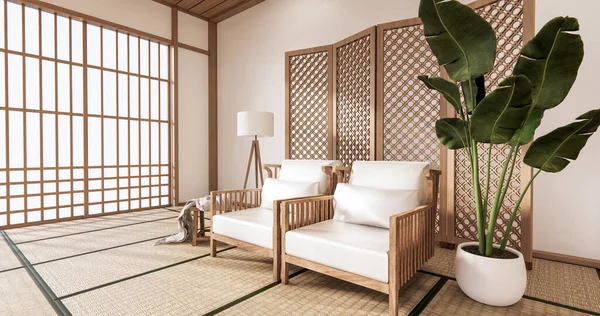 Wooden Arm chair and partition japanese on room tropical interior with tatami mat floor and white wall.3D rendering