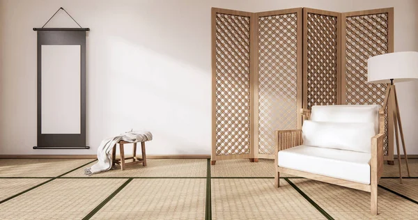 Dřevěné Křeslo Přepážka Japonky Pokoji Tropický Interiér Tatami Podložkou Podlahy — Stock fotografie