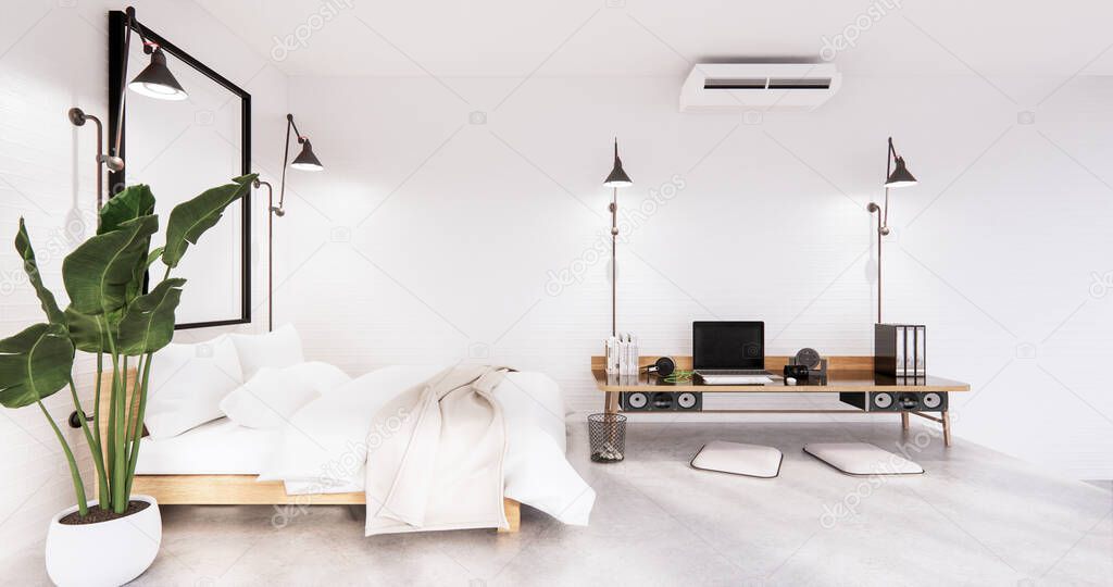 Bedroom interior loft style with Computer and office tool on desk. 3D rendering