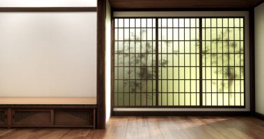 Rafta duvar odası zen tarzı ve dekorayon ahşap tasarımı, toprak tonlama 3D