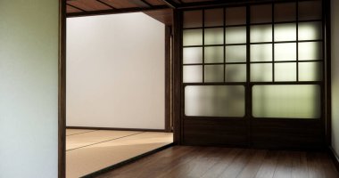 Mimari ve iç mekan kavramı. Boş oda ve ahşap paneller. Arka plan 3 boyutlu resimleme.