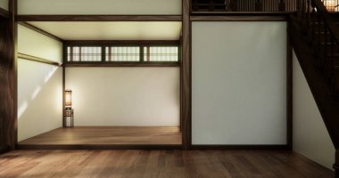 Mimari ve iç mekan kavramı. Boş oda ve ahşap paneller. Arka plan 3 boyutlu resimleme.