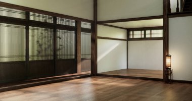 Mimari ve iç mekan kavramı. Boş oda ve ahşap paneller. Arka plan 3 boyutlu resimleme.