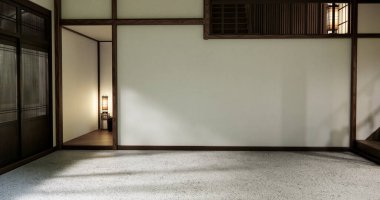 İç mekan konseptini uydur. Granit zemindeki boş oda ahşap kaplama duvarı. 3B illüstrasyon oluşturma