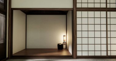 İç mekan konseptini uydur. Granit zemindeki boş oda ahşap kaplama duvarı. 3B illüstrasyon oluşturma