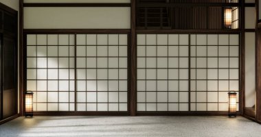 İç mekan konseptini uydur. Granit zemindeki boş oda ahşap kaplama duvarı. 3B illüstrasyon oluşturma