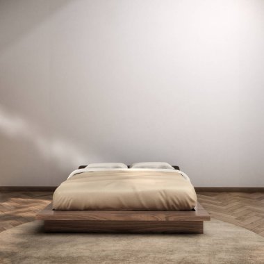 Yatak odası Japon tarzı, modern beyaz duvar ve ahşap zemin, oda minimalisti. 3B görüntüleme