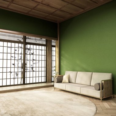 Green Modern room interior wabisabi style and sofa and decoration japanese.3D rendering