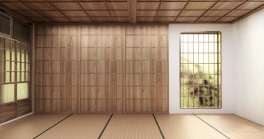 Dikey pencereleri ve ahşap duvar panelleri olan bir duvar minimalist Japon stili bir odada zemin döşemesi 3D döşemeli.