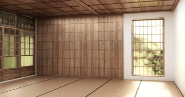 Dikey pencereleri ve ahşap duvar panelleri olan bir duvar minimalist Japon stili bir odada zemin döşemesi 3D döşemeli.