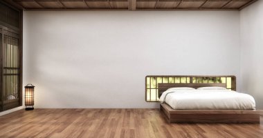 Yatak odasının ortasında büyük bir panoramik pencere var. Beyaz ahşap zemin 3D.