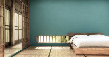 Yatak odasında yatak başlığı pencereli ve minimalist yatak odasında 3D nane işlemeli.