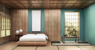 Yatak odasında yatak başlığı pencereli ve minimalist yatak odasında 3D nane işlemeli.