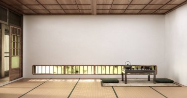 Yatay pencereler zemine yakın ve beyaz bir odada yumuşak bir zemin 3D rendelenmiş düşük masa çayı var.