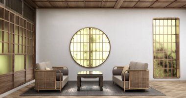 Sağda ve solda iki dikey pencere var. Salonda beyaz duvarlı ve ahşap zemin 3D döşemeli kanepe mobilyaları var.