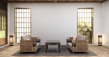 Sağda ve solda iki dikey pencere var. Salonda beyaz duvarlı ve ahşap zemin 3D döşemeli kanepe mobilyaları var.