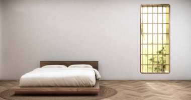 Yatak odasında yatak başlığı dikey pencereler ve minimalist yatak beyaz bir odada ahşap zemin 3D