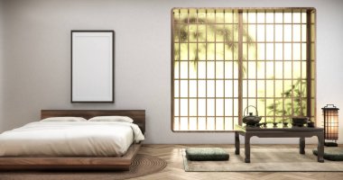 Yatak odasında yatak başlığı dikey pencereler ve minimalist yatak beyaz bir odada ahşap zemin 3D