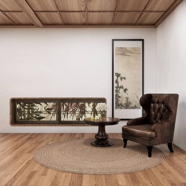 Batı tarzı oda, oturma odasında eski bir Japon tarzında küçük bir kanepesi olan bir Japon odasıdır. 3d oluşturma