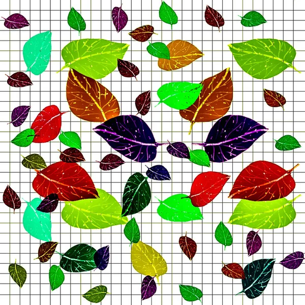 falling leaves of different colors and shades on the background of a notebook sheet in a cage