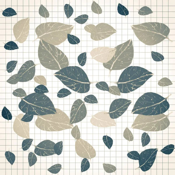 falling leaves of different colors and shades on the background of a notebook sheet in a cage