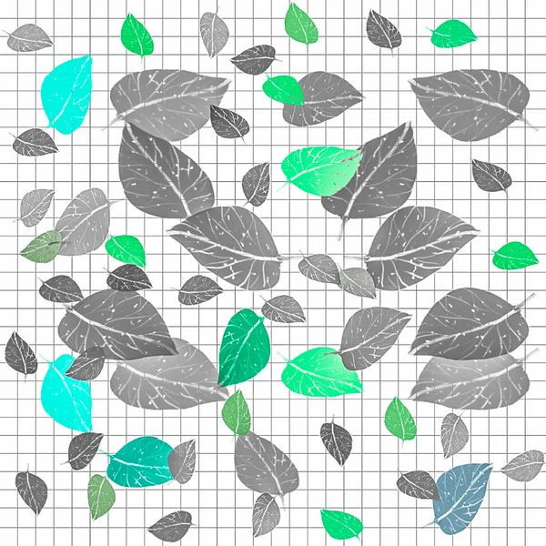 falling leaves of different colors and shades on the background of a notebook sheet in a cage