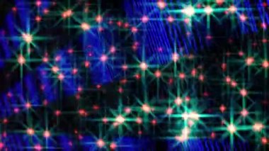 Parlayan yıldızlar, perspektif olarak 3 boyutlu dönen ve renklerini değiştiren çizgi bloklarının arka planında titreşir.