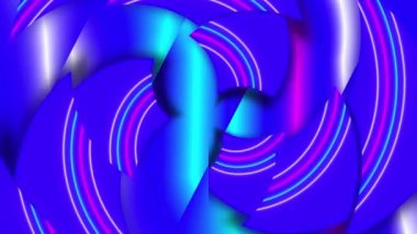 Çok renkli çizgileri olan eğri mavi segmentler, aynı renk şemasının çalışan arka planına karşı kendi eksenleri etrafında dönerler