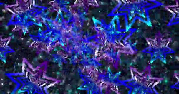 Снежинки Синем Фиолетовом Оттенках Вращаются Фоне Звезд Летящих Зрителю — стоковое видео