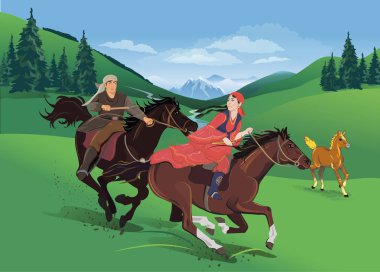 Ata binen bir adam ulusal kostümlü bir kıza yetişiyor. Tatil Nauryz, geleneksel oyun. Vektör çizimi
