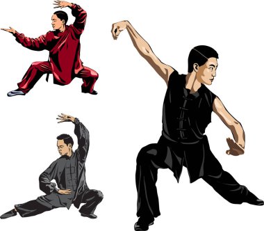 Wushu, kung fu, tekvando. Erkekler duruş mücadele duruşu Wushu gösterir. Yavaş çekim tekniği. Vektör çizimi. 