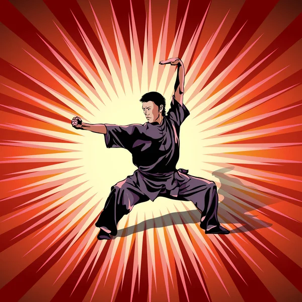 Arte Del Wushu Uomo Che Pratica Arti Marziali Wushu Kung — Vettoriale Stock