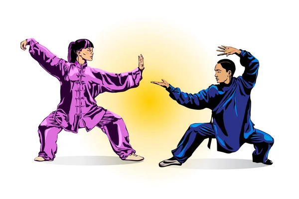 Hombre Una Mujer Kimono Mostrando Postura Marcial Wushu Entrenamiento Kung — Vector de stock