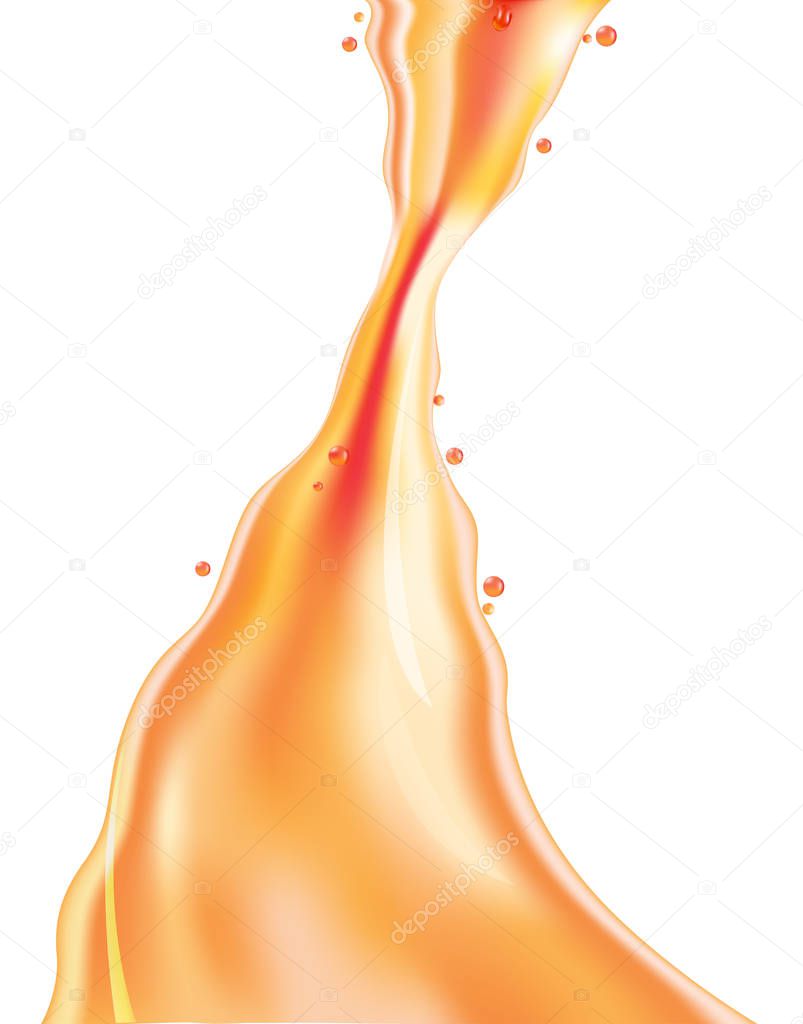 Orange juice jet with spray. Vector illustration.