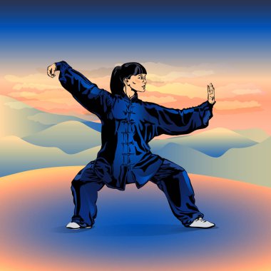 Kadın, kız şafakta dağların arasında açık havada dövüş sanatları yapan. Koç bir mücadele duruşu Wushu gösterir.