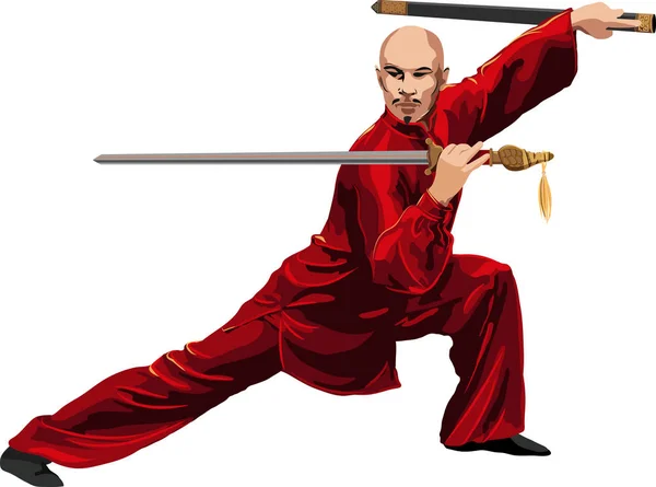 Kung Wushu Com Espada Posar Vetor Gráfico — Vetor de Stock