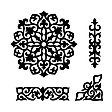 Yuvarlak, dikey, yatay ve köşe elementleri siyah ve beyaz olarak süslemeli. Duvar dekorasyonu, fayanslar, tekstil, baskı için uygun vektör ilüstrasyonuName