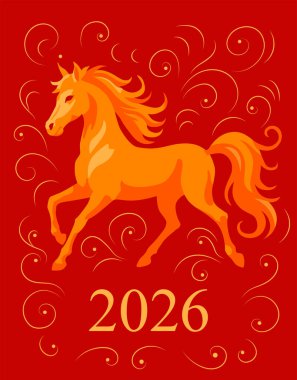 Kırmızı Arkaplanda Ateş Atı olan yeni yıl kartı, Bayram kartları, posterler, Duvar Sanatı, Yazdırma Tasarımı İçin Mükemmel