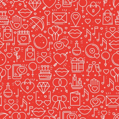 Çizgi stili aşk sembolleri ile Seamless modeli. Sevgililer günü. Kalp çift ilişki düğün romantik amour Tema dating seviyorum. Vektör çizim. Arka plan.