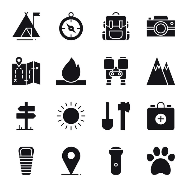 Vandring och Camping ikoner Set. Utomhus Camp tecken och Symbol. Backpacking äventyr. — Stock vektor