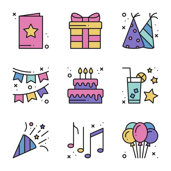 誕生日お祝い細い線のアイコンを設定します。パーティー、休日。基本的な誕生日要素。ベクトル単純な直線的なデザイン。イラスト。シンボル. — ストックベクタ